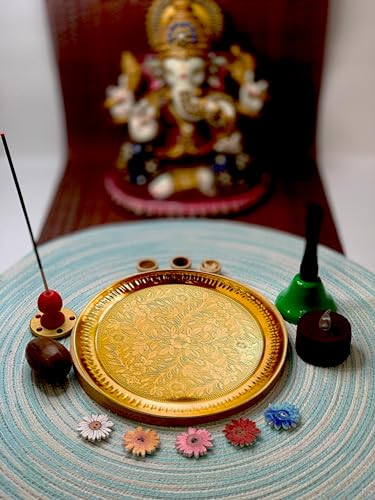 Image of The Spiritual Living Brass Aarti Thali for Puja | 8 Inch | Pooja Items | Home & Office | Pital | Samagri Items | Thali Plate | Prasad Plate for Pooja | Temple | Mandhir | Decorative |