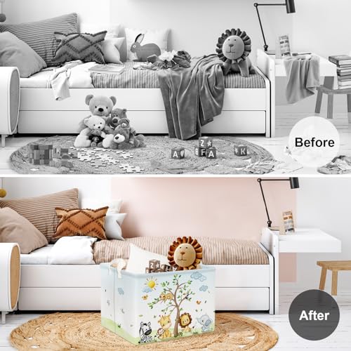 Image of Clastyle 36L Large Safari Animal Tree Baby Basket Giraffe Lion Elephant Toy Chest Bin Clothes Towel Book Shelf Basket for Kids Room Nursery | Waterproof Large Clothes Book Gift Toy Organizer Bin, Nursery Playroom Bedroom Bathroom Shelf, Safari Giraffe Lion Elephant