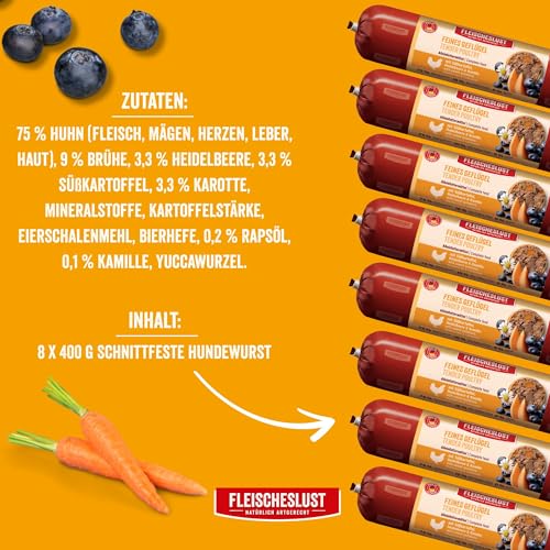 Fleischeslust Hundewurst | Feines Geflügel mit Süßkartoffel, Heidelbeere & Kamille | Futterbox (8x400g) | Nassfutter | schnittfest | getreidefrei | Alleinfuttermittel für Hunde