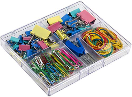 PlanningNinja 300 pcs Paper Clips, Binder Clips, Stapler & staples, Rubber Bands, Paper Clamps in Assorted Sizes & colors in clear compartment stationary set box - Home, School or Uni, Office Supplies