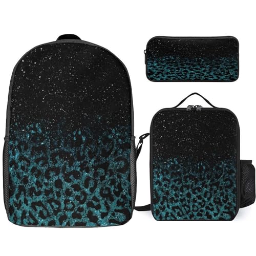 Green Glitter Leopard Print Backpack Set 3 Pieces Backpacks Lunch Bag Wallet For Travel Outdoor Sports