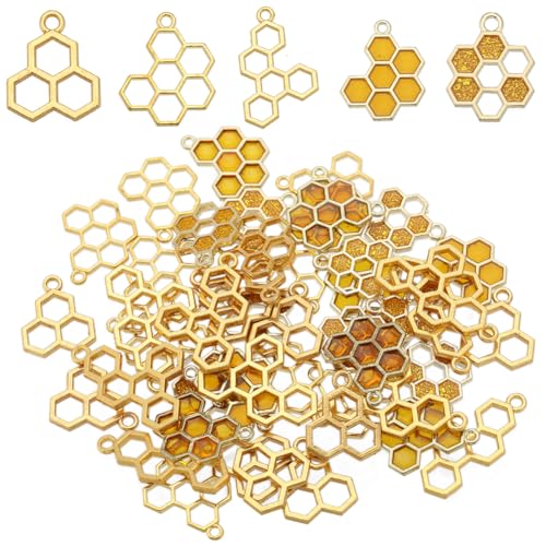 SUNNYCLUE 1 boîte de 60 pièces 5 styles de Breloques en Forme D'Abeille, Breloques en Nid D'Abeille en Vrac, Breloques en Émail en Nid D'Abeille, Mini Breloques en...