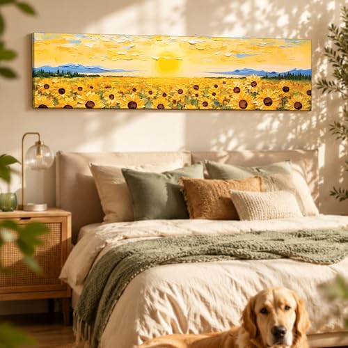 Image of Abstract Sunflower Field Landscape Stretched Canvas Wall Art Painting for Living Room, Horizontal Floral Sunrise Canvas Wall Decor For Livingroom, Bedroom, Office, Hallway's, Hotel 12x46 Inch