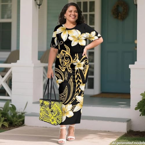 Image of Polynesian Dress for Women Short Sleeve High Waist Maxi Skirt | Puletasi dress, t-shirt and skirt two-piece, elastic material, lightweight, soft, plus size, luau party, wedding, clubwear