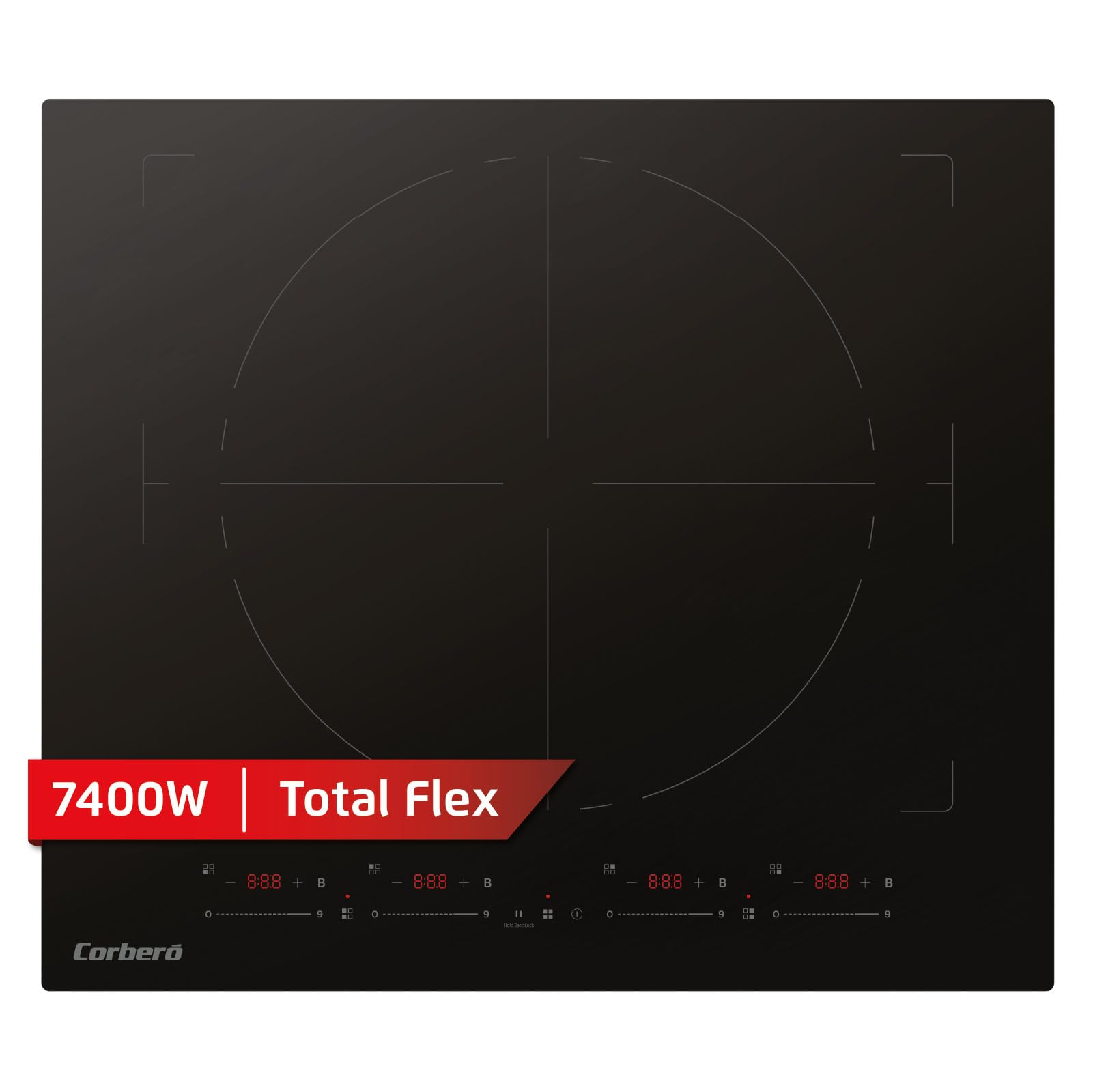 Corberó - Piastra a induzione Total Flex | CCIM974EXTRA | 7400 W | 9 livelli di potenza | 7 zone flessibili | Zona paella 38 cm | Controllo touch con slider | Timer 8 ore | Nero