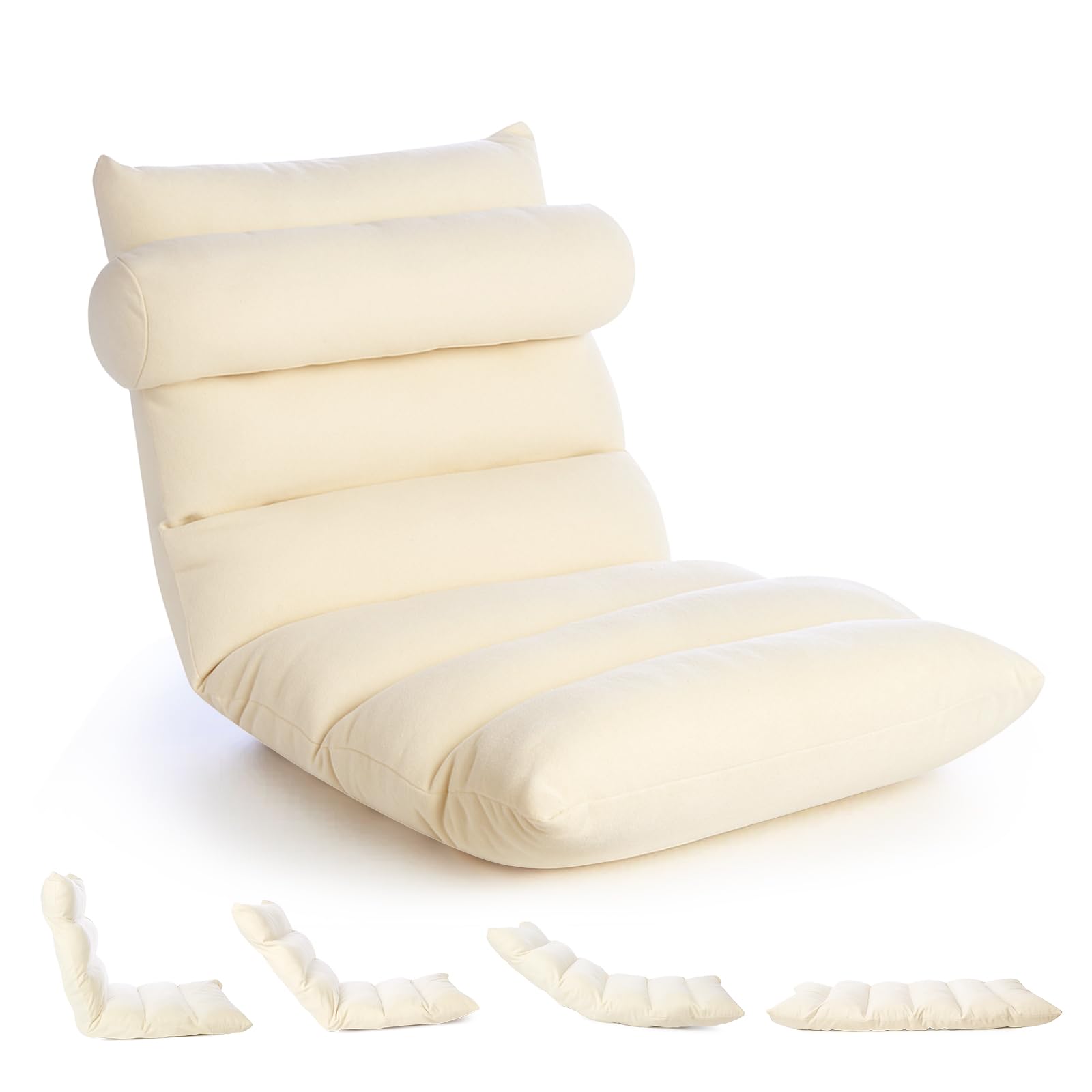 GreenWhim Floor Chair with Back Support, Adjustable Reclining Chairs with 14 Positions, Thick Padded Folding Lounge Sofa Seat for Reading Meditation Living Room Bedroom (White)