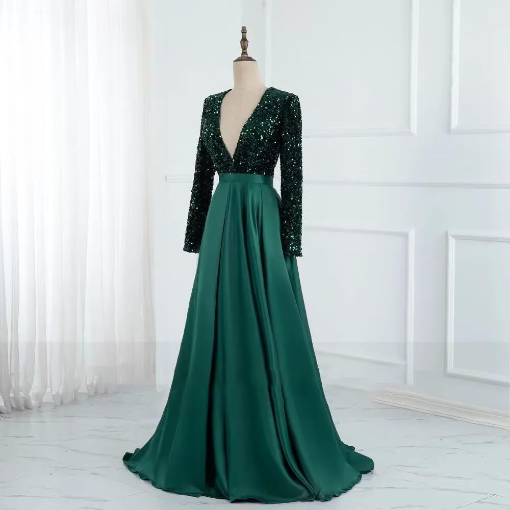 homdor Long Sleeve Sequin Prom Dresses for Women Sparkly Formal Evening Dress Satin Wedding Dress with Slit