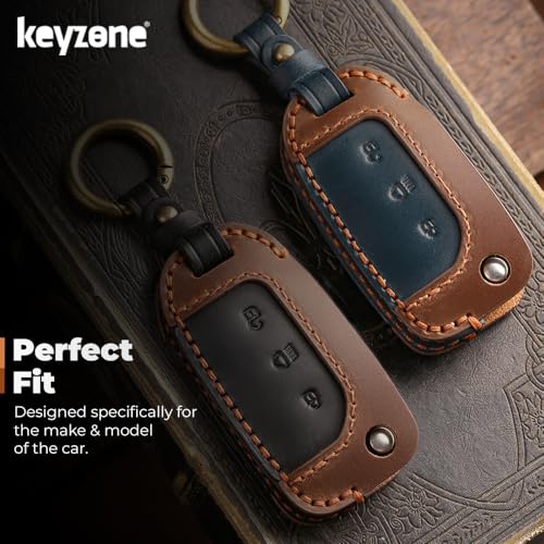 Image of keyzone dual leather key cover for Tata Curvv, Nexon, Harrier, Altroz, Punch, Safari, Tigor, Tiago, Zest, Bolt 3 button flip key
