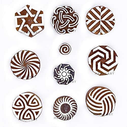 Image of Hashcart | Set of 10 | Wooden Geometrical and Round Pattern Printing Stamps Blocks for Scrapbooking Project Designing Fabric Textile Clay Pottery Craft Tattoo