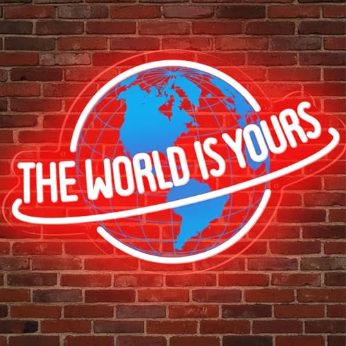 Image of The World Is Yours Neon Sign, Dimmable Planet LED Neon Light Lamp for Wall Decor, USB Power for Man Cave Home Bar Bistro Club Cafe Wedding Game Room Bedroom Birthday Gift Graduation Party (Red)