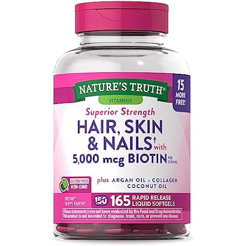 Nature's Truth Hair, Skin & Nails Vitamin | 5000mcg Biotin | 165 Softgels | with Collagen | Non-GMO & Gluten Free Supplement Cover