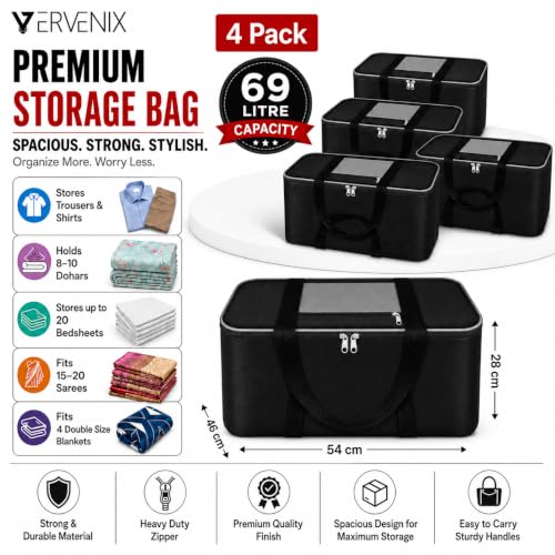 Image of VERVENIX Large Underbed Storage Bags 4 Pack, Moisture Proof Clothes Storage Organizer for Blankets, Comforters, Bedding, Pillows & Seasonal Items, Foldable Zipper Storage Box - Grey Black