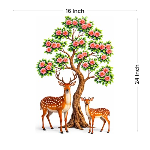 Image of Rangoli Deer Wall Sticker 16 x 24 Inch Tree & Flower Self Adhesive Wall Decor for Living Room Bedroom Kids Room Nature Theme Wall Art