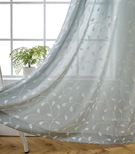 Miuco Cortinas semitransparentes de lino sintético bordadas con flores para sala de estar