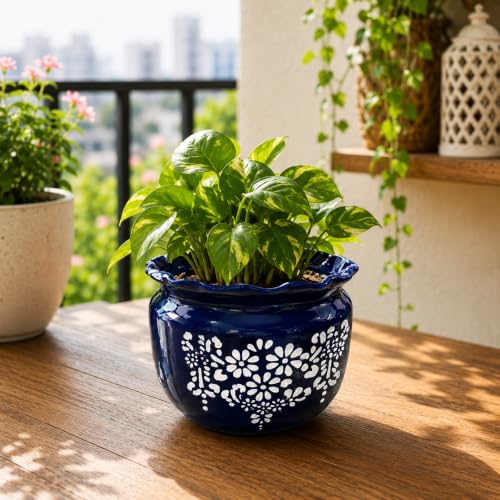 Image of Niyara Ceramic planters pots for Indoor Outdoor Home, Garden Office Decor Balcony Planters Gamla Flower Size Small 6 inches (Blue Jaipuri Print)