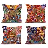 ArtSocket Set of 4 Linen Throw Pillow Covers Mexican Huichol Decorative Pillow Cases Home Decor Square 18x18 inches Pillowcases