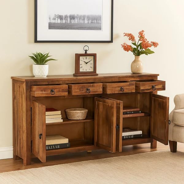 Rustic Mango Wood Sideboard Cabinet with 4 Drawers and 4 Doors | Rough Finish Wooden Storage Console Table for Living Room, Hallway & Home Decor (Natural Brown)-image-12
