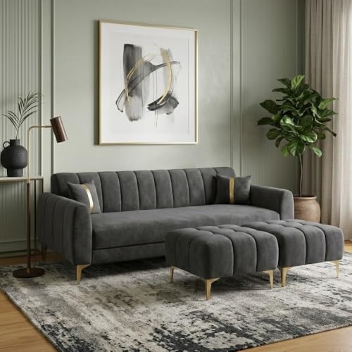 Image of Hermione 5 Seater L Shape Sofa Set with 2 Movable Ottoman | Flexible Left or Right Layout | Luxe Velvet Suede Fabric | Comfortable Seating | Modern Sofa for Living Room - Dark Gray