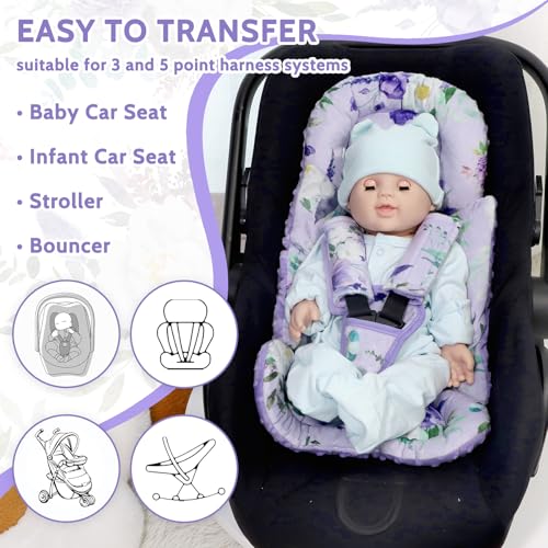 Image of Infant Car Seat Insert and Strap Covers, Very Soft Car Seat Head Support Baby Girl Boy, Reversible Newborn Carseat Insert Cushion Fits for Stroller, Baby Swing, Bouncer (Purple Floral)