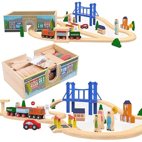 ORBRIUM 52 Pcs Deluxe Wooden Train Set with Wooden Storage Box Tunnel Compatible with Thomas, Brio, Melissa (Wooden Box - 52 Pcs Train Set) Cover