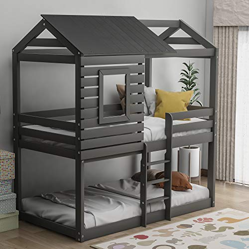 House Bunk beds,Twin Over Twin Bunk Beds with Roof and Guard Rail Ladder for Kids,Toddlers,Wood Loft Bed,No Box Spring Needed (Gray)