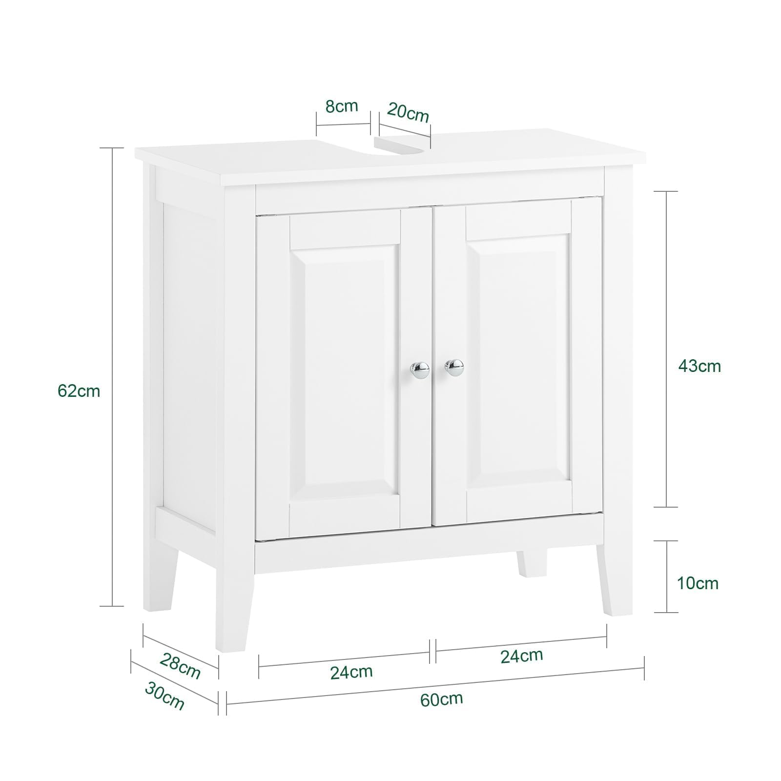 SoBuy FRG202-W szafka pod umywalkę, szafka łazienkowa, meble łazienkowe, szer. x wys. x głęb. ok.: 60 x 62 x 30 cm, kolor biały