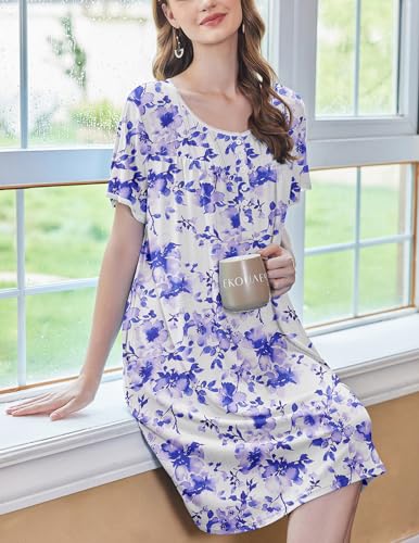 Ekouaer Womens House Dress Moomoo Nightgown with Pockets Short Sleeve Mumu Nightgown Button Down Sleepwear4