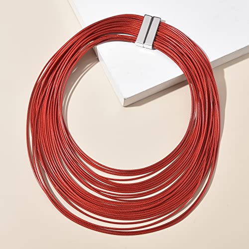 Women Multi Layer Chunky Bib Necklace Magnetic Clasp Wax Line Choker Statement Jewelry4