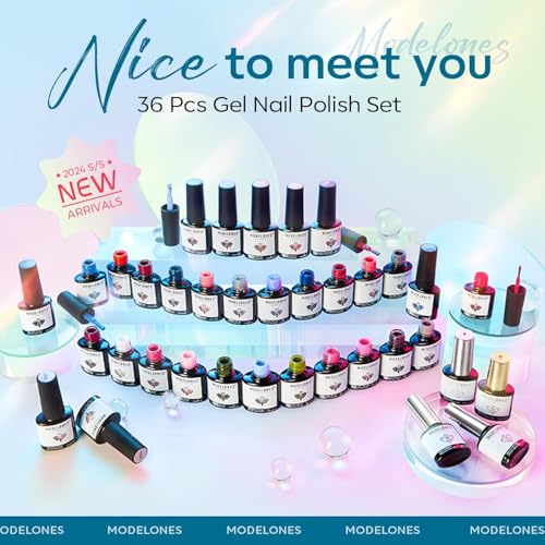 Image of modelones 40 Pcs Gel Nail Polish Set, 36 Colors Nude Brown Green Red Gel Polish White Maroon Orange Blue Glitter Nail Polish with Base & Matte /Glossy /Glitter Top Coat LED Mani Gift
