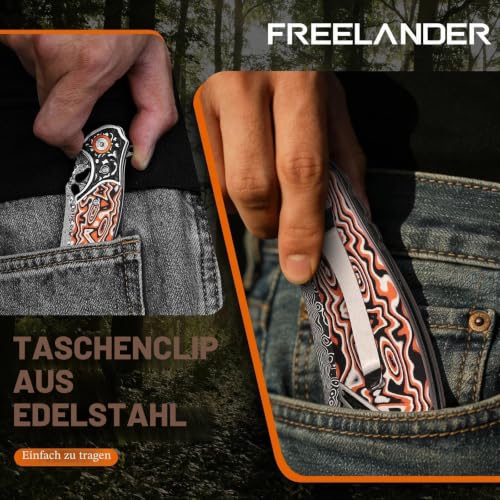 Freelander Damast Taschenmesser Klein, Outdoor Klappmesser aus Damaststahl – Ansicht 6