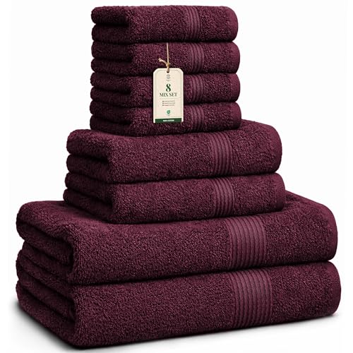 HomeBurg Luxe Set - Gants de Toilette (30×30 cm), Serviettes (40×70 cm) & Grandes Serviettes (65×137 cm) - 100% Coton, Doux & Absorbant, Entretien Facile, Vin Velours