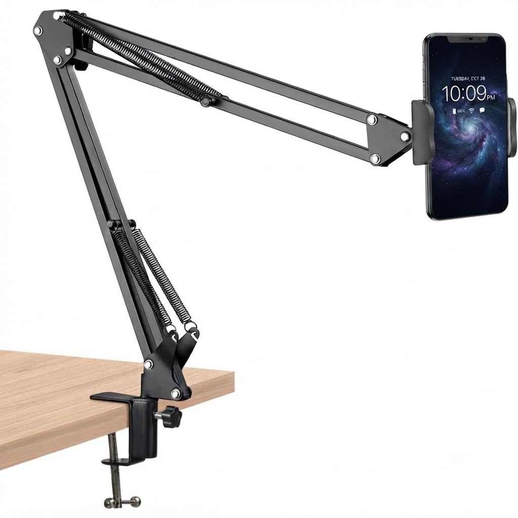 Adjustable Overhead Mobile Phone Holder with Long Arm for Video Recording, Streaming, Office Use, Cooking, Crafting Videos Compatible with Devices Up to 4-7 Inches (Black)-image-17