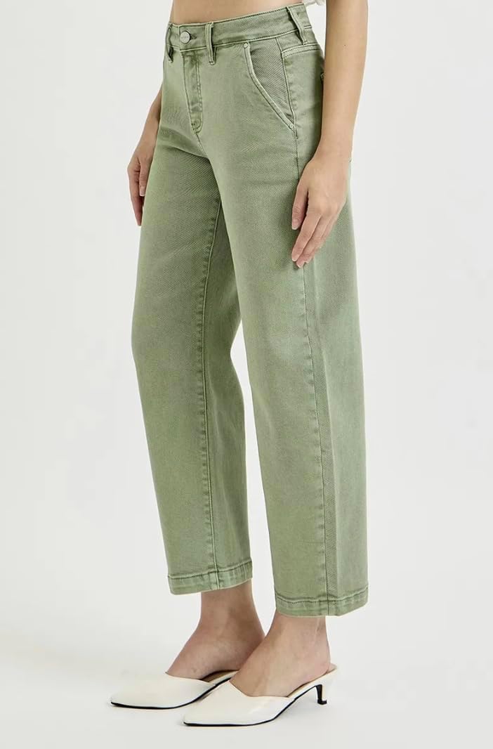Risen Tummy Control High Rise Crop Barrel Jeans in Olive- Ivory Gem