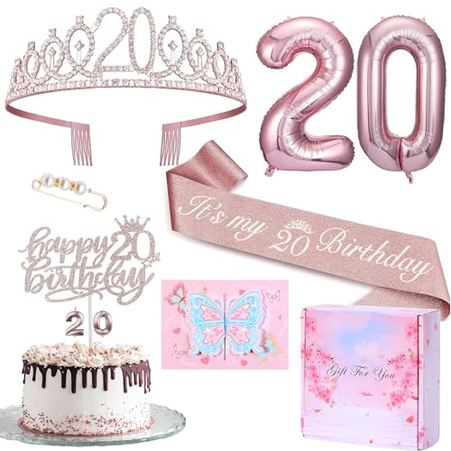 Decoración de cumpleaños número 20 para mujer, corona de cumpleaños número 20 y faja, decoración para tartas y velas, globos de papel de aluminio de color oro rosa 20, 20. Regalo para niñas, fiesta de