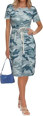 PRETTYGARDEN Women's Summer Short Sleeve Crewneck Striped Dress Basic Solid Tie Waist Office T Shirt Dresses Pockets