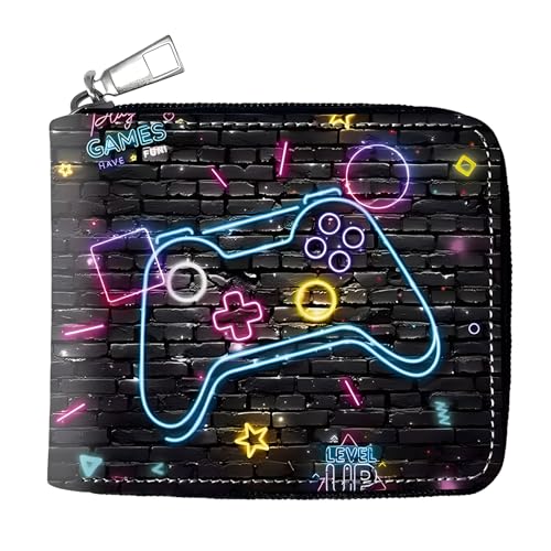 Image of Boys Wallet Zipper Gaming Card Holders Zip Coin Pocket Bifold wallets for Gamer Kids Boy Teens with Gamepad Prints, Neo gamepad, Boys Slim Zip Around Wallet