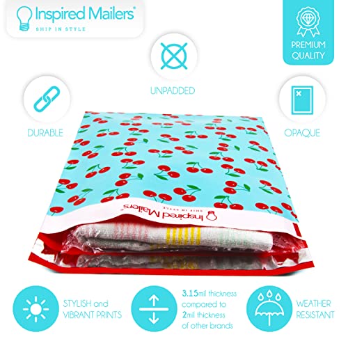 Image of Inspired Mailers - Poly Mailers 10x13 - 100 Pack - Cherries Print (Blue) - Shipping Bags for Clothing - Large Mailing Envelopes - Shipping Envelopes - Cute Packaging Bags for Shipping