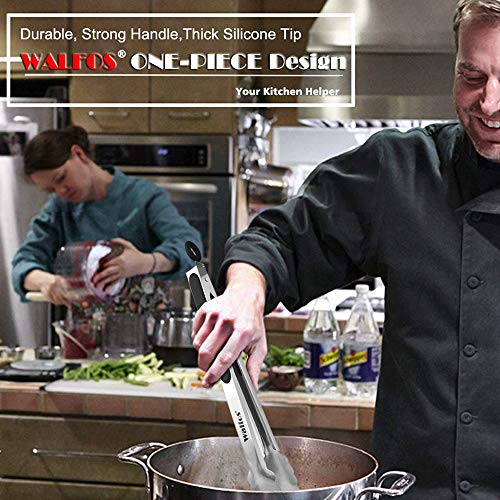 Walfos Kitchen Tongs - 7 inch Heavy Duty Food Tongs, 430 Premium Stainless Steel and Non-Slip Heat Resistant Handle - Great for Cooking, Salad, Grilling and Barbecue