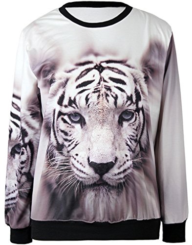 Thenice Women's Digital Print Pullovers Sweatershirts White Tiger