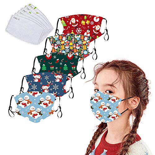 5Pack Cotton Christmas Mask for Children with Filter Pocket with 6 Pcs Replacement Filters-Washable Xmas Face Mask (Christmas Mask C)