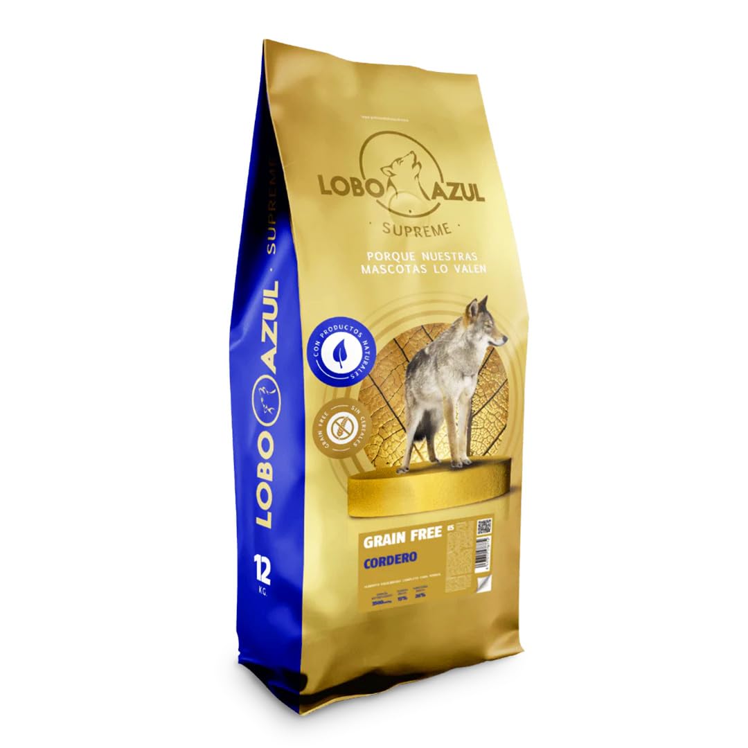 Pienso para Perros Adultos sin Cereales de Cordero Fresco - Alimento Natural e Hipoalergénico, Monoprotéico para Perros con Alta Actividad Física - Grain Free - 12kg - Lobo Azul Cordero