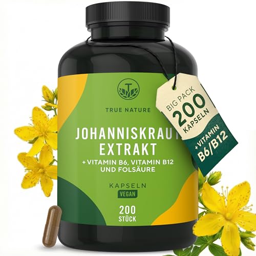 Johanniskraut Kapseln hochdosiert - 200 Kapseln mit Vit. B6 (trägt zu einer normalen psychischen Funktion bei) sowie Folsäure & B12 - natürliches Hypericin & Hyperforin - Made in Germany - TRUE NATURE