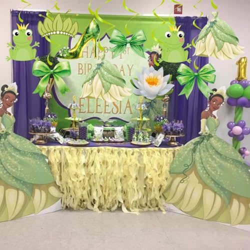 Image of 20Pcs Princess and Frog Hanging Swirls, Princess Coquette Bow Hanging Decor Whirl, Green Frog Birthday Party Ceiling Streamers for Frog Princess Party, Princess Baby Shower, Garden Birthday Decoration