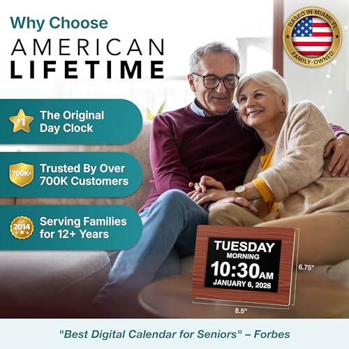 Image of American Lifetime New 2026 Dementia Clock Large Digital Clock for Seniors, Large Display with Custom Alarms, Calendar Clock with Day & Date for Elderly, Clear Numbers Alzheimer Digital Clock Wood