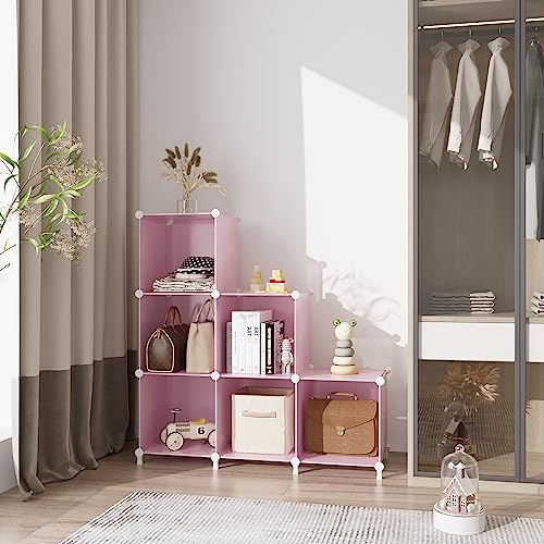 Image of AWTATOS Cube Storage Organizer Protable Closet Organizers and Storage for Kids DIY Stackable 6 Cubes Storage Shelves Clothes Organizer for Bedroom, Home, Pink