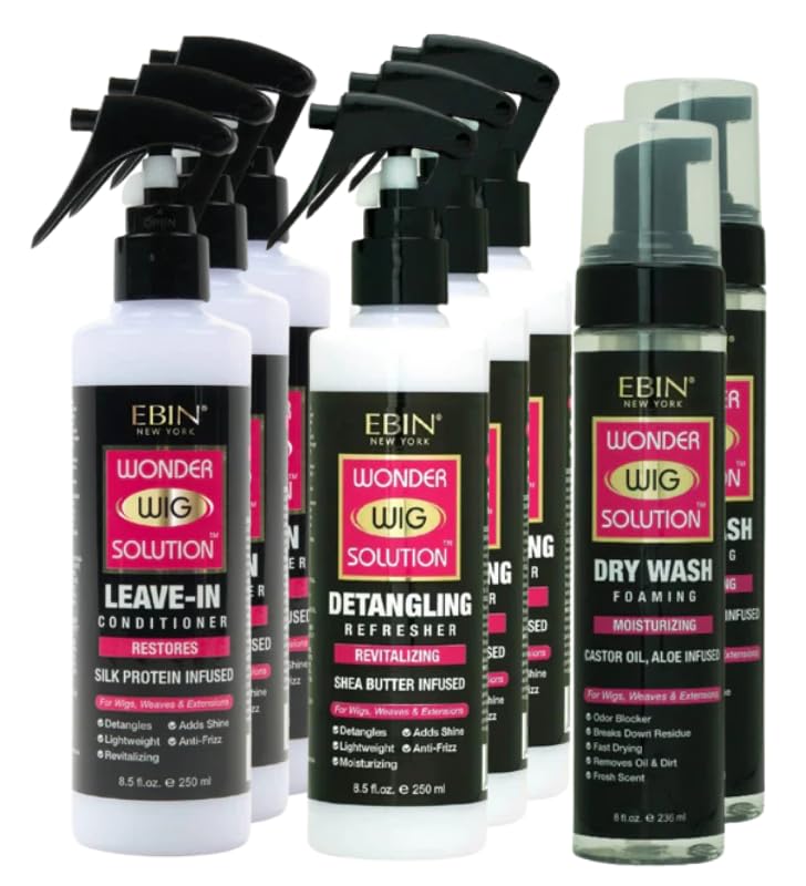 EBIN NEW YORK Wig Spray 3x Wonder Wig Solution Leave-In Conditioner, 3x Detangling Refresher & 2x Dry Wash – Hydrates, Detangles & Revives – Gift Set (8 Items)