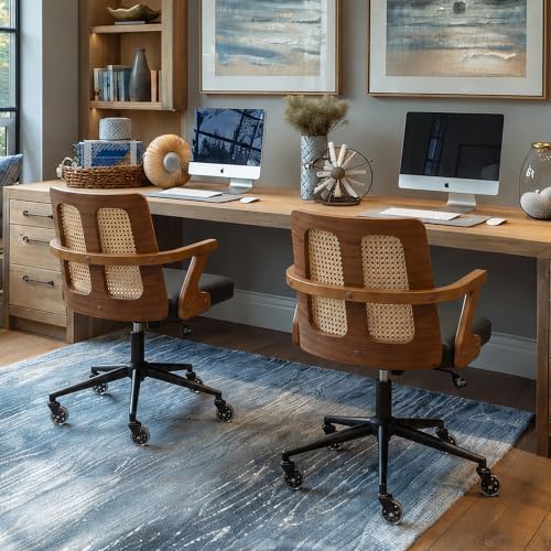 Image of Rattan Swivel Desk Chair for Small Office, Walnut Executive Office Chair