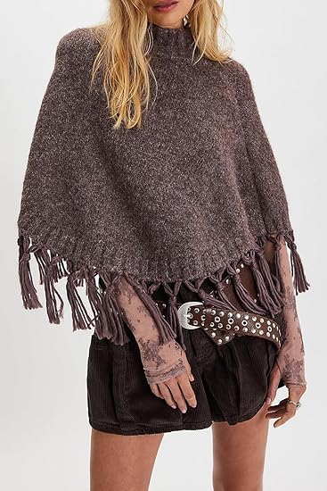 Generisch Women Fringe Knitted Poncho Sweater Mock Neck Asymmetrical Hem Cropped Tassel Shawl Fall Winter Cozy Wrap Sweater
