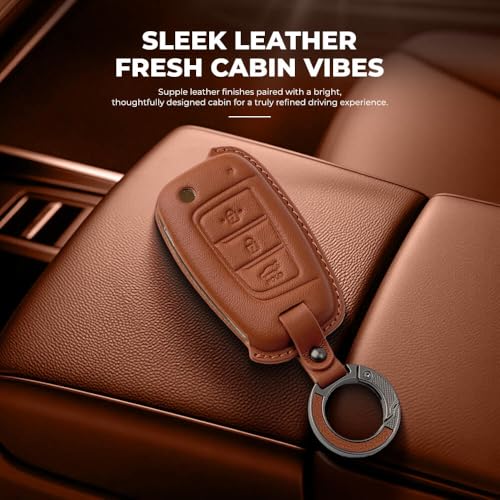 Image of Keyzone Premium Leather Key Cover & AC Vent Car Perfume Combo (4 Fragrances) | Compatible for Hyundai Venue, i20, Kona, Verna 2018 Onwards 3 Button flip Key. (Brown)