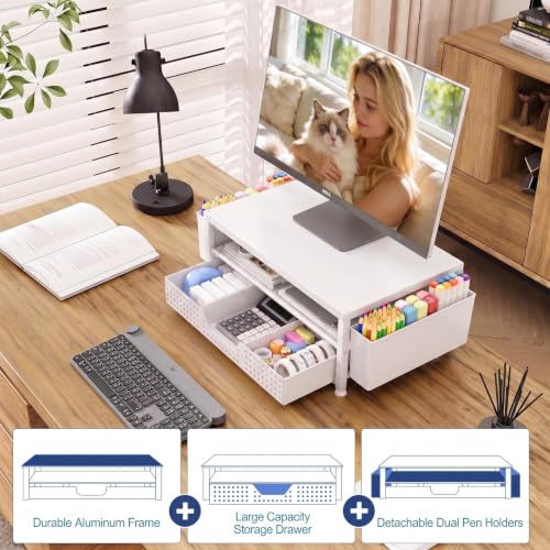 Image of OPNICE Desk Organizers and Accessories, Computer Monitor Stand Riser with Drawer and 2 Pen Holders, Printer & Laptop Stand, Office Desk Accessories & Workspace Organizers for Home Office Supplies